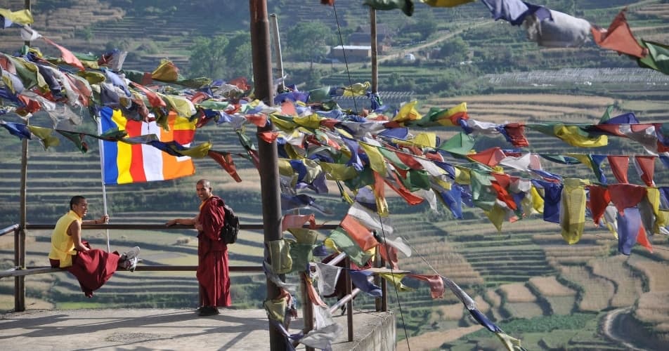 Monks under prayer flags: Tibetan influence in Nepal
